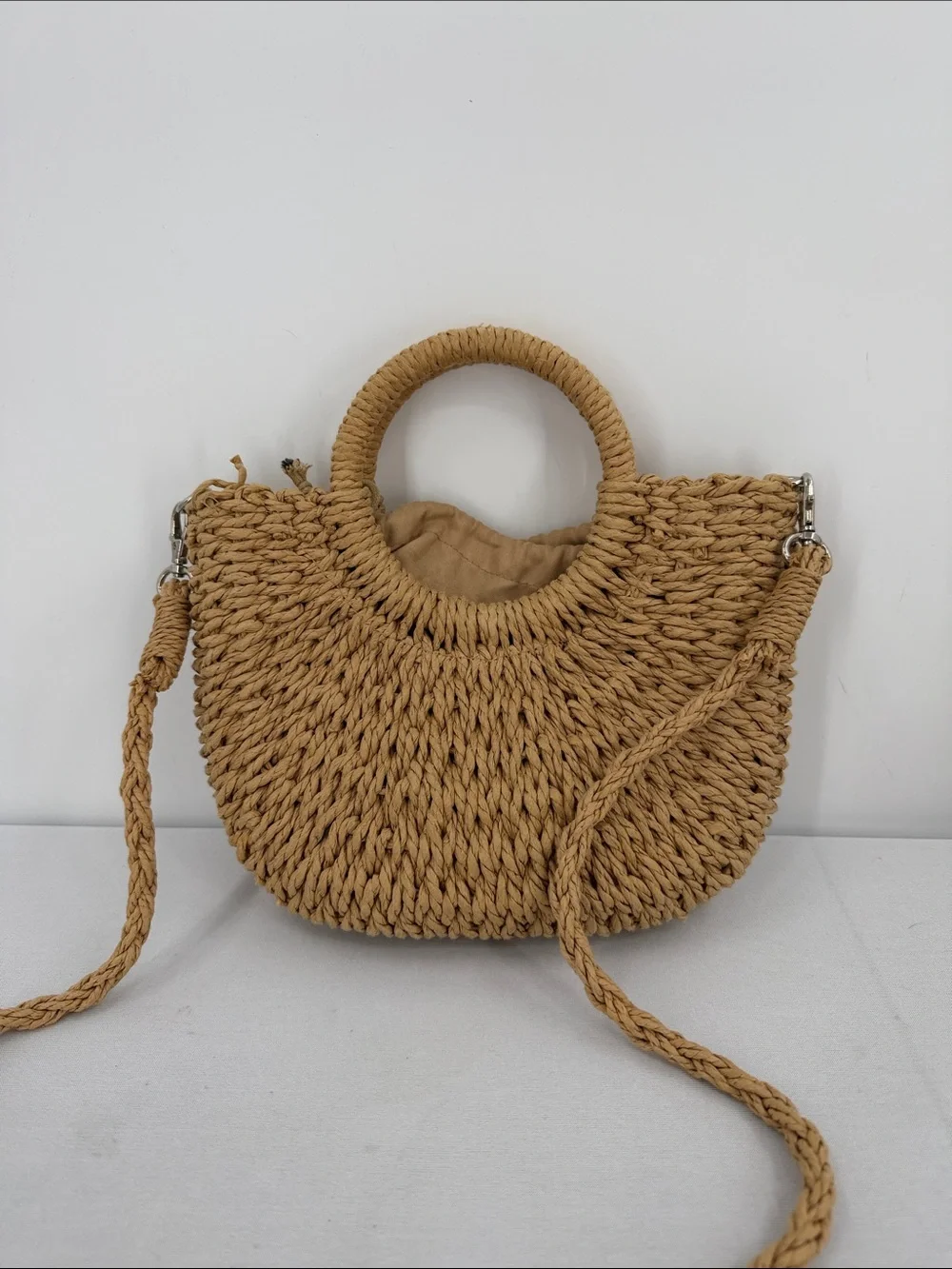 Tan Woven Straw Raffia small beach tote Crossbody Boho Resort vacation coastal